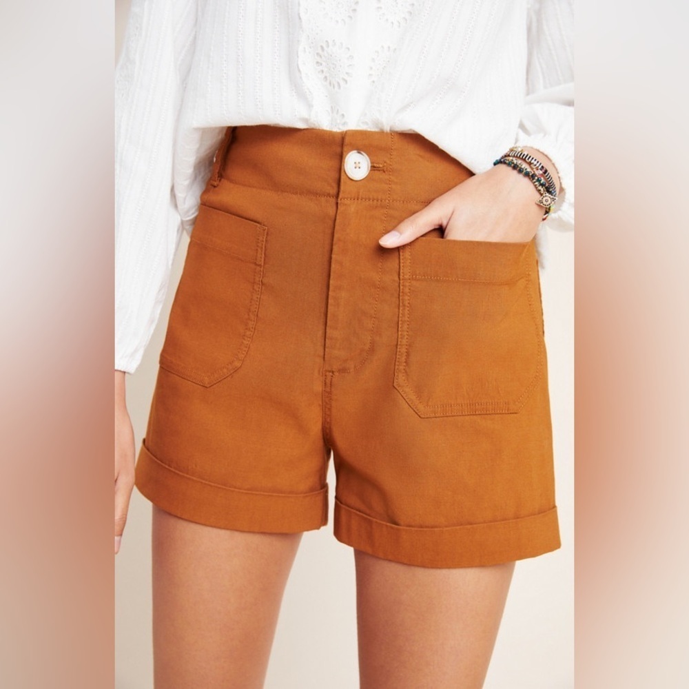 Anthropologie Megan Patch Cuffed High Rise Shorts Caramel | size 25